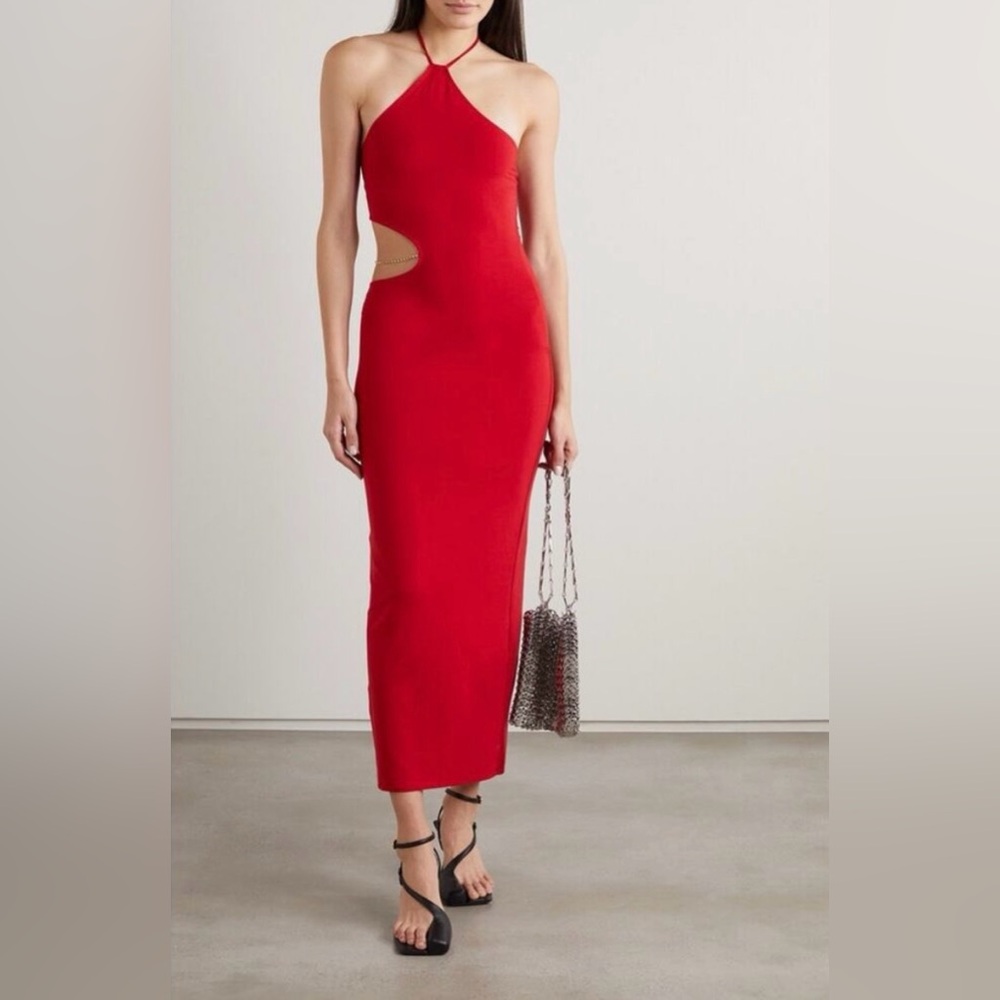 Reformation Net Sustain Helio Cutout Red Halter Dress without Rhinestone Chain - Picture 1 of 7